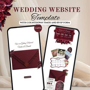 Burgundy Wedding Website Template, Canva Wedding Website, RSVP Wedding Website, Countdown Timer, Digital Wedding Invitation