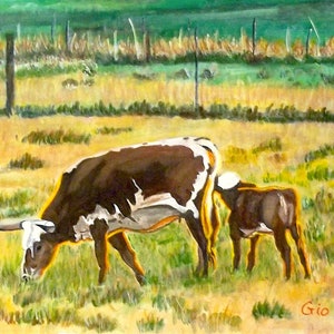 Steer and Calf in Hill Country at Sunset