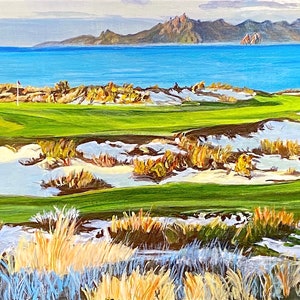 May include: A painting of a golf course with a green fairway, sand traps, and a body of water in the background. The course is surrounded by tall grass and trees. The sky is a light blue color. The painting is signed "Gia" in the lower right corner.