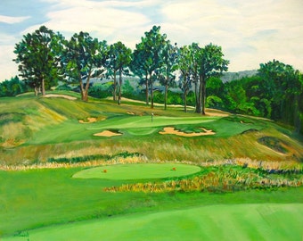 May include: A painting of a golf course with a green putting green in the foreground.  There are several trees in the background and a blue sky with white clouds.