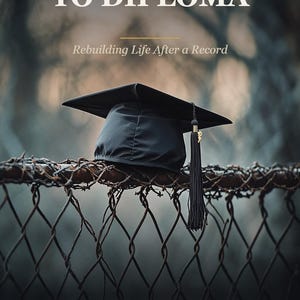Könnte beinhalten: Eine schwarze Doktorhut mit Quaste auf einem Maschendrahtzaun. Der Text lautet: FROM MUGSHOT TO DIPLOMA, Rebuilding Life After a Record, Jeffrey T. Crick, MAHSC, MMHC-BC, CpastC, CCLC, Masters-Level Counselor, ReDefined Mission, redefinedmission.com.