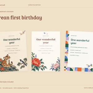 Korean First Birthday Bundle, Tiger, Peony and Patchwork, 48 Editable PowerPoint Layouts