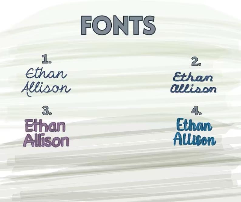 May include: A digital chart titled FONTS displaying four numbered embroidery style options. Each option features the name Ethan Allison in a different typeface. Option 1 is a thin script, 2 is a bold script, 3 is a purple sans-serif, and 4 is a blue sans-serif.