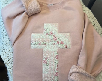 Vintage Quilted Cross Sweatshirt, Embroidered Patchwork (Unisex Crewneck)