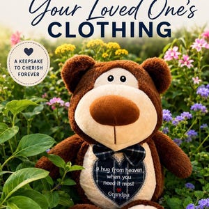 May include: A brown plush teddy bear with a cream-colored muzzle and belly. It wears a dark blue plaid bowtie and a matching heart-shaped patch on its chest that reads: A hug from heaven when you need it most, Grandpa, with a small red heart.