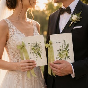 May include: Two rectangular off-white vow booklets with textured paper covers, each featuring a printed botanical illustration of green ferns and white flowers, accented with a sage green ribbon tied to the side and the text His vows in script.