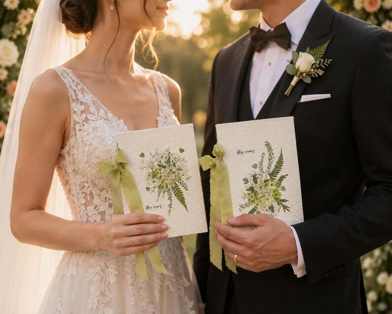 May include: Two rectangular off-white vow booklets with textured paper covers, each featuring a printed botanical illustration of green ferns and white flowers, accented with a sage green ribbon tied to the side and the text His vows in script.