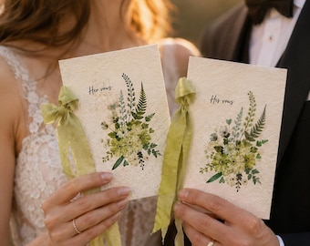 Juego de libros de votos matrimoniales botánicos, folleto de ceremonia floral para él y para ella, recuerdo de flores prensadas.