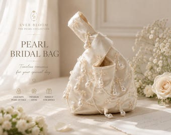 Bolso de mano nupcial de perlas color marfil, bolso de mano de satén para bodas, bolso romántico de perlas.
