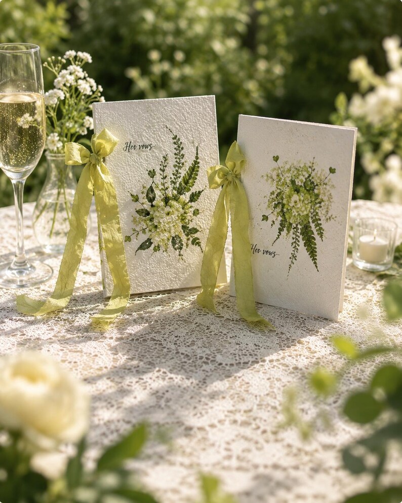 May include: Two white textured vow books featuring a printed green botanical bouquet illustration and the text "Her vows" in black script. Each book is adorned with a light green silk ribbon tied in a bow on the left side of the cover.