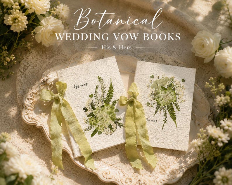 May include: Two off-white textured vow books featuring pressed green botanical arrangements and light green ribbon ties. The left book is inscribed with "His vows" and the right book with "Her vows". The text "Botanical WEDDING VOW BOOKS His & Hers" appears above.