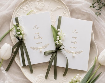 Elegant His and Hers Wedding Vow Books | Gold Foil, Lily of the Valley, Olive Ribbon