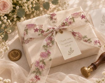Cinta de tul floral bordada / Envoltura para ramo de novia rosa palo, adorno para regalo