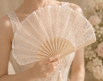 Abanico nupcial de encaje bordado / Accesorio de boda plegable de bambú, detalle de borla
