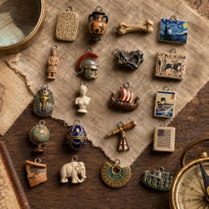 May include: A collection of twenty miniature charms featuring historical and artistic motifs, including an Egyptian tablet, a Greek vase, a bone, a Starry Night painting, a Roman helmet, a bust, a Viking ship, a globe, and a stone monument.