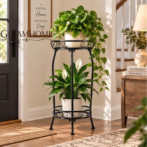 May include: A black metal two-tier plant stand with curved legs and circular shelves. The top shelf holds a potted pothos plant with trailing green leaves, while the bottom shelf holds a potted peace lily with white flowers and dark green foliage.