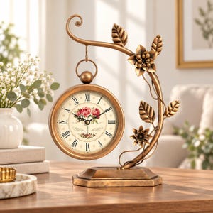 May include: A bronze-toned metal table clock suspended from a curved stand decorated with metal leaves and flowers. The clock face features a cream background, black Roman numerals, black hands, and a central illustration of pink roses.