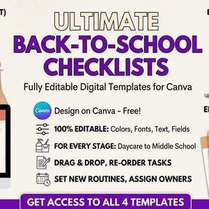 Peut inclure: Un ensemble de listes de contrôle numériques pour la rentrée scolaire sur Canva, comprenant des modèles modifiables pour la crèche, la maternelle, l'école primaire et le collège. L'image montre divers écrans et pages imprimées avec des listes.