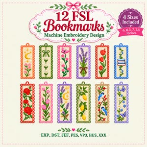 以下が含まれることがあります： 4つのサイズ（6、6.5、7、7.5インチ）の12種類のFSLミシン刺繍用しおりデザイン。長方形のしおりには、花、蝶、レモン、鳥、月、本などの様々なモチーフが描かれた複雑な格子模様が施されています。