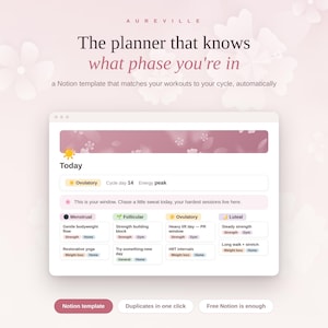 Agenda di allenamento sincronizzata con il ciclo mestruale / Tracker delle fasi del ciclo mestruale (modello Notion per donne) / Dashboard per il benessere ormonale / Agenda fitness per il periodo mestruale