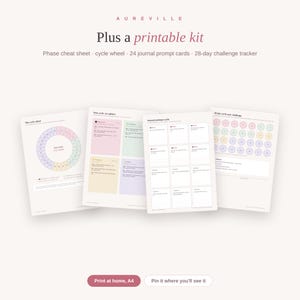Op de afbeelding: Een printbare kit van Aureville met een fasen-spiekbriefje, cycluswiel, 24 dagboek-promptkaarten en een 28-dagen uitdagingstracker. De documenten bevatten kleurrijke grafieken, rasters en tekst, ontworpen om thuis op A4-papier te printen.