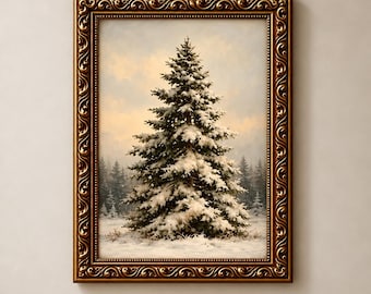 Könnte beinhalten: Ein gerahmtes Gemälde eines schneebedeckten Nadelbaums in einer winterlichen Waldlandschaft. Das Kunstwerk befindet sich in einem verzierten, goldfarbenen Rahmen mit komplexen Schnörkelmustern. Der Text Aquila Art Gallery steht darunter.