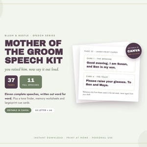 Peut inclure: Un kit de discours pour mère du marié comprenant 37 pages et 11 discours complets. Le kit inclut des fiches de repères en gros caractères avec le texte Good evening. I am Susan, and Ben is my son. Modifiable sur Canva et format A4.