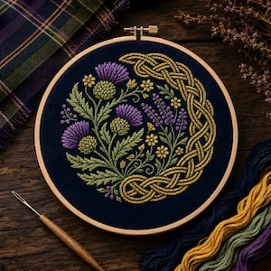 May include: A circular wooden embroidery hoop containing a dark navy fabric with a cross-stitched design. The pattern features purple thistle flowers, green leaves, small yellow flowers, and a golden yellow Celtic knotwork border.