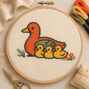 Duck Family Cross Stitch Pattern, Mother Duck and Ducklings Nursery PDF Download