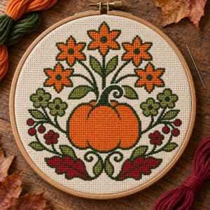Könnte beinhalten: Ein runder Holzstickrahmen mit einem Kreuzstichmuster auf cremefarbenem Stoff. Das Motiv zeigt einen zentralen orangefarbenen Kürbis, umgeben von orangefarbenen Blumen, grünen Blättern, kleinen roten Beeren und dunkelroten Blättern am unteren Rand.