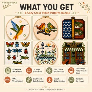 May include: A bundle of 6 cross stitch patterns titled NomadTerraCo. Includes designs of a hummingbird, three birds, fish, insects, a lighthouse, and a bookstore named Sage & Story Books. Features PDF patterns, color and symbol charts, and DMC legends.