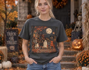 Vintage Halloween Kids Trick-or-Treat Scene T-Shirt | Ghosts, Pumpkins, Full Moon