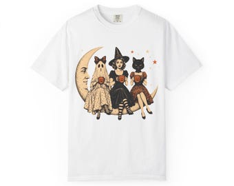Vintage Halloween Trio T-shirt | Witch Ghost Black Cat Moon Illustration