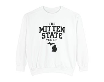 The Mitten State tee co. Michigan silhouette Sweatshirt | State Pride, QR Code Back