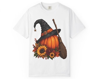 Witch Hat Pumpkin with Broom T-Shirt | Sunflowers Fall Halloween Shirt