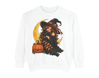 Cute Witch on Crescent Moon Sweatshirt | Halloween Pumpkin Illustration