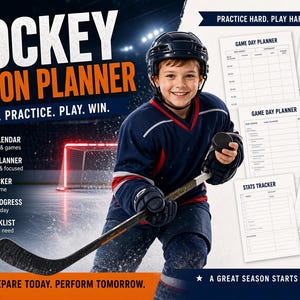 May include: A digital Hockey Season Planner PDF download featuring a hockey player in a dark blue jersey and helmet holding a stick and puck. The graphic includes text: HOCKEY SEASON PLANNER, PLAN. PRACTICE. PLAY. WIN., and various tracker sheets.