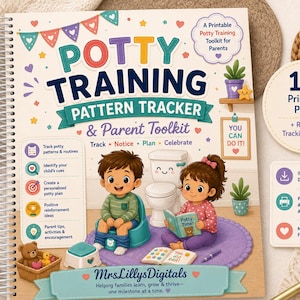 May include: A spiral-bound Potty Training Pattern Tracker & Parent Toolkit book with colorful illustrations of children using a potty. The cover features text including 11+ Printable Pages, Track, Notice, Plan, Celebrate, and MrsLillysDigitals.