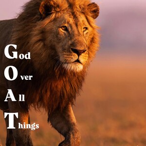 Può includere: Un leone maestoso con una folta criniera bruno-dorata che cammina in un campo erboso al tramonto. Il testo "God Over All Things" è stampato in lettere maiuscole bianche, in grassetto e senza grazie sul lato sinistro dell'immagine.