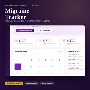 Puede incluir: Una interfaz digital para una aplicación web de seguimiento de migrañas con un panel de estadísticas sobre ataques, gravedad y duración. Incluye una vista de calendario de septiembre de 2026, una lista de ataques recientes y análisis.