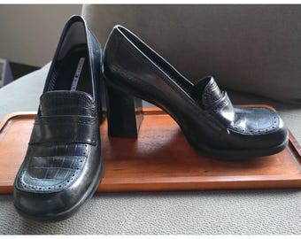 Vintage Y2K Tommy Hilfiger Black Leather Croc Block Heel Loafers Square Toe 9M