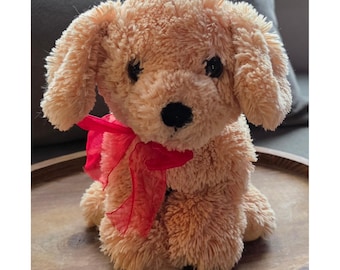 Ty Pluffies Doodles Dog Tan Puppy Plush Red Ribbon Bow Shaggy TySilk Stuffed Toy