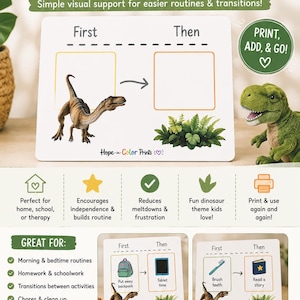 May include: A white rectangular First/Then board featuring a dinosaur graphic, two empty boxes for visual icons, and an arrow. The board includes the text DINO FIRST/THEN BOARD, Hope-in-Color Prints, and various instructional text sections.