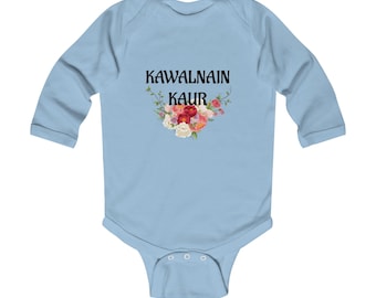 Floral Name Script Infant Bodysuit | Personalized Kaur Shergill Baby Onesie