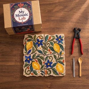 Puede incluir: Una caja de kit My Mosaic Lab, cuatro azulejos de mosaico cuadrados con un patrón de limones y flores azules, unas tenazas para mosaico con mangos rojos y negros, unas pinzas de metal y una cuchara de madera sobre una superficie de madera.