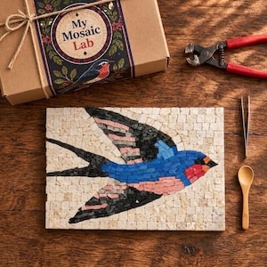 Op de afbeelding: Een mozaïekknutselset met een rechthoekige doos met het label My Mosaic Lab, een tang met rode handvatten, een metalen pincet, een kleine houten lepel en een rechthoekig mozaïekpaneel met een vogel van zwarte, blauwe en roze tegeltjes.