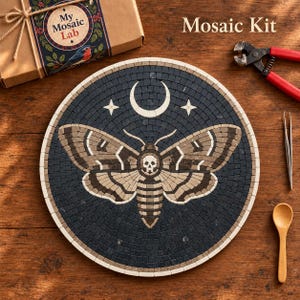 May include: A circular mosaic kit featuring a moth with a skull pattern on its thorax, set against a dark background with a crescent moon and two stars. The kit includes a cardboard box labeled My Mosaic Lab, metal nippers, and a wooden spoon.