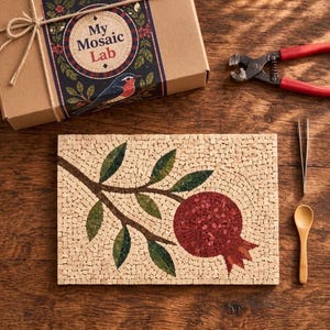 May include: A rectangular mosaic art piece featuring a dark brown branch with green leaves and a red pomegranate, accompanied by a cardboard box labeled My Mosaic Lab, a pair of metal nippers, metal tweezers, and a small wooden spoon.