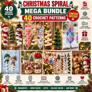 Puede incluir: Una colección digital de 40 patrones de ganchillo titulada Christmas Spiral Mega Bundle. La imagen muestra varios adornos tejidos, incluyendo Santa Claus, muñecos de nieve, árboles en espiral y animales. Iconos indican formato PDF y guías.