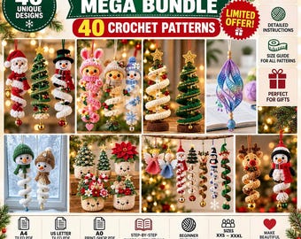 May include: A digital collection of 40 crochet patterns titled Christmas Spiral Mega Bundle. The image displays various crocheted ornaments including Santa, snowmen, spiral trees, and animals. Icons indicate PDF format, size guides, and instructions.